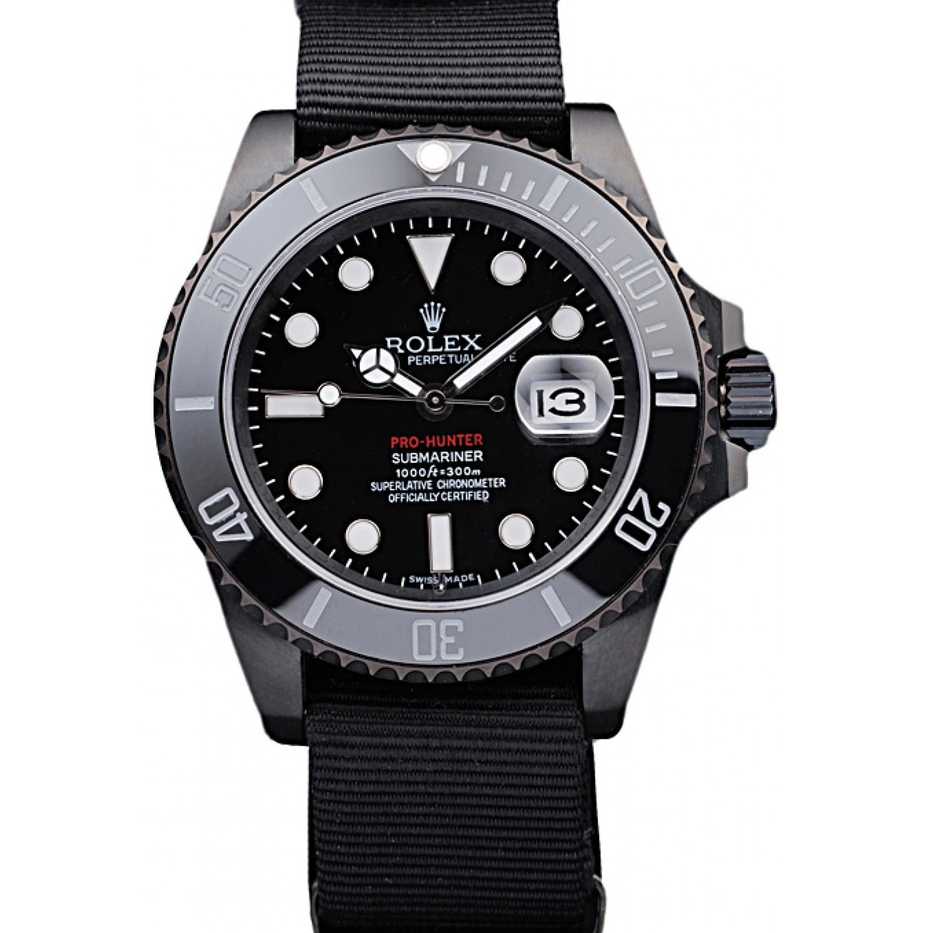 MiroTime 0706 Rolex Swiss Submariner Pro-Hunter Black Fabric Strap Black Dial